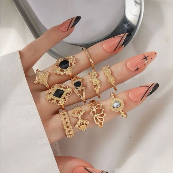 Gold 11pc Rhinestone Geometric Ring Set - Picture 1 of 2